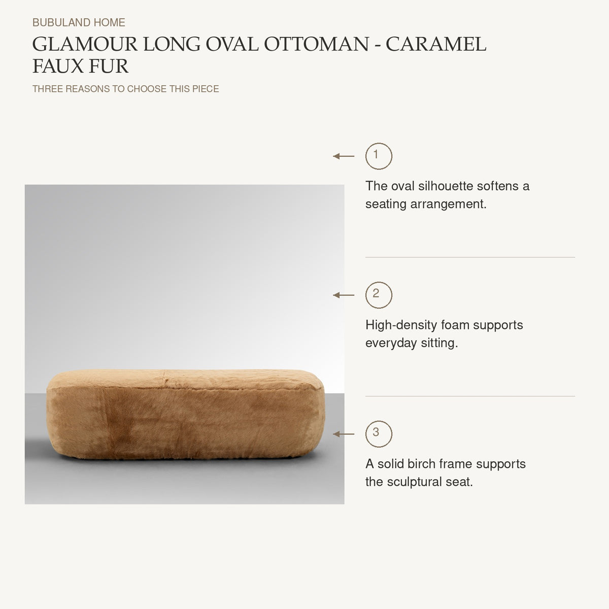 Glamour Long Oval Ottoman - Caramel Faux Fur: The oval silhouette softens a seating arrangement. High-density foam supports everyday sitting. A solid birch frame supports the sculptural seat.