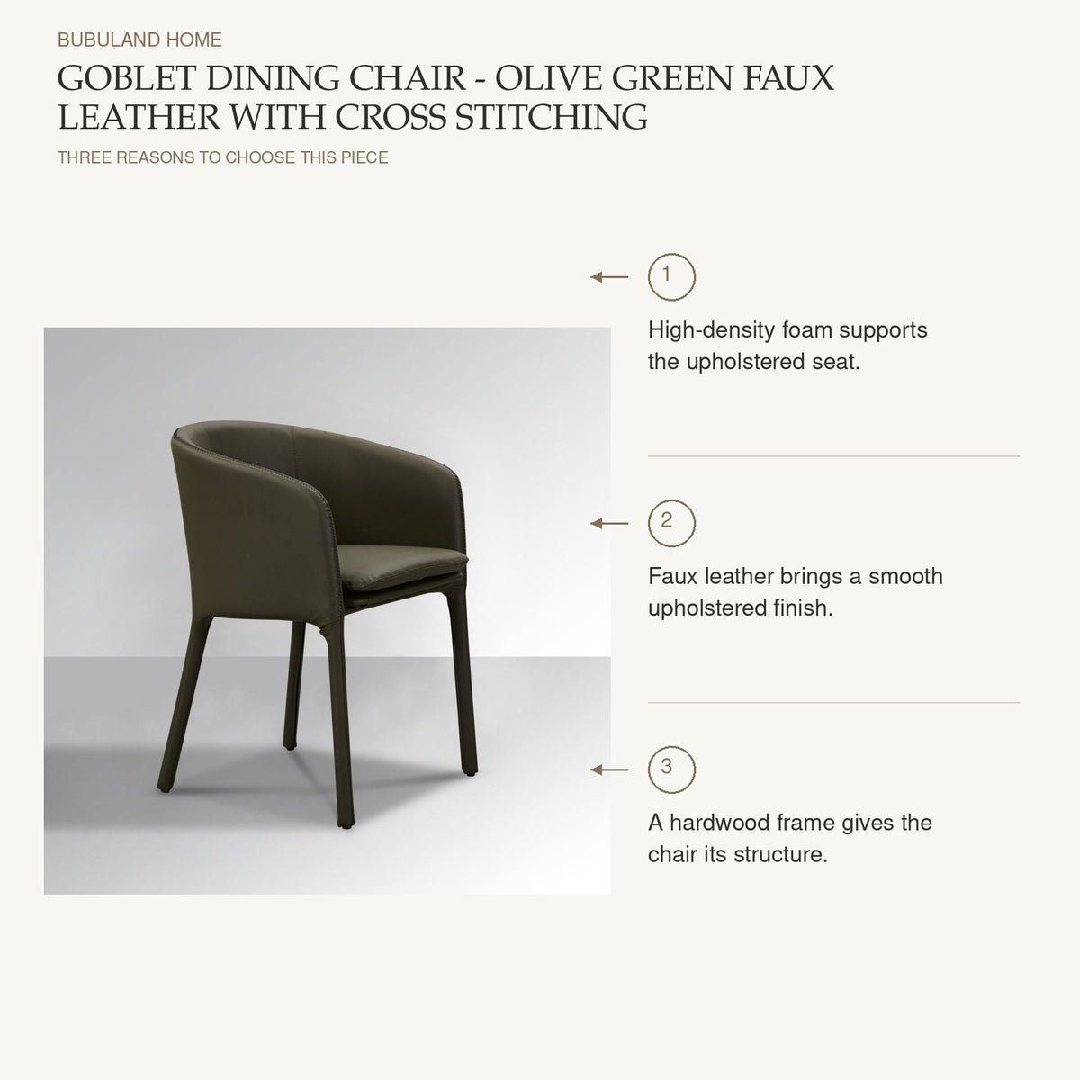 Goblet Dining Chair - Olive Green Faux Leather with Cross Stitching: High-density foam supports the upholstered seat. Faux leather brings a smooth upholstered finish. A hardwood frame gives the chair its structure.