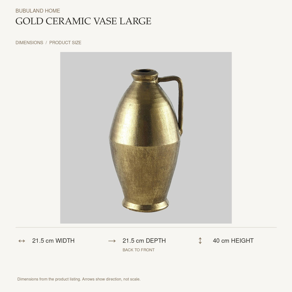 Gold Ceramic Vase Large dimensions: 21.5 cm width, 21.5 cm depth, 40 cm height; depth is measured back to front