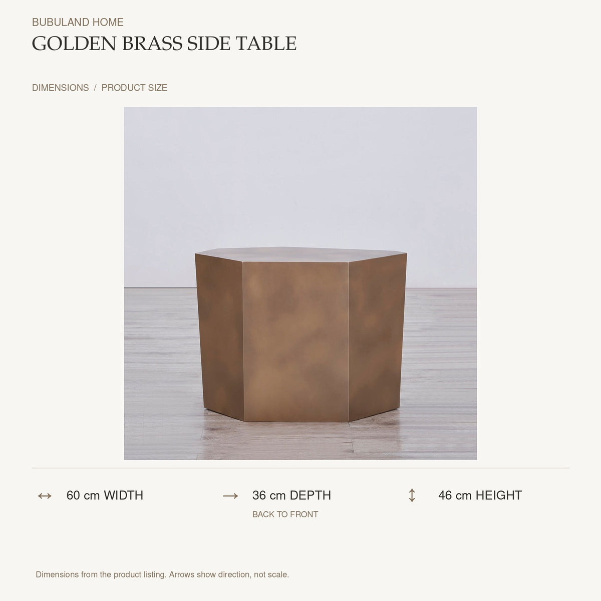 Golden Brass Side Table dimensions: 60 cm width, 36 cm depth, 46 cm height; depth is measured back to front