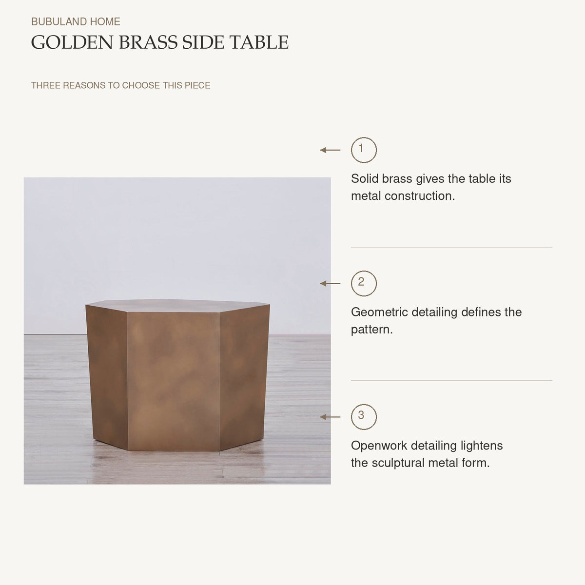 Golden Brass Side Table: Solid brass gives the table its metal construction. Geometric detailing defines the pattern. Openwork detailing lightens the sculptural metal form.