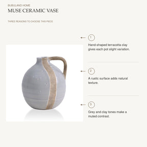 Muse Ceramic Vase: Hand-shaped terracotta clay gives each pot slight variation. A rustic surface adds natural texture. Grey and clay tones make a muted contrast.