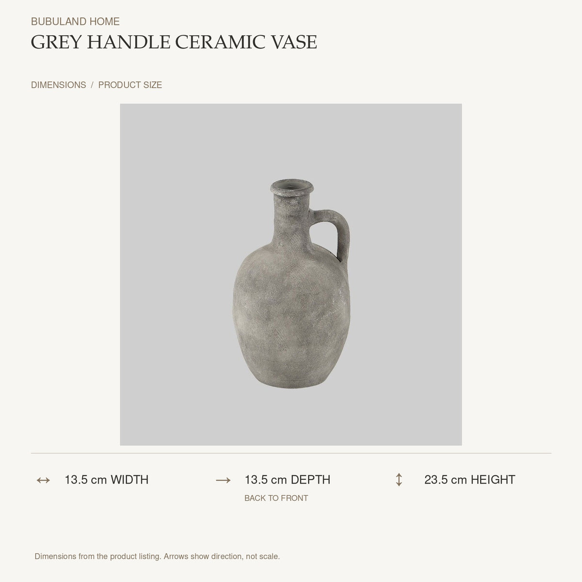 Grey Handle Ceramic Vase dimensions: 13.5 cm width, 13.5 cm depth, 23.5 cm height; depth is measured back to front