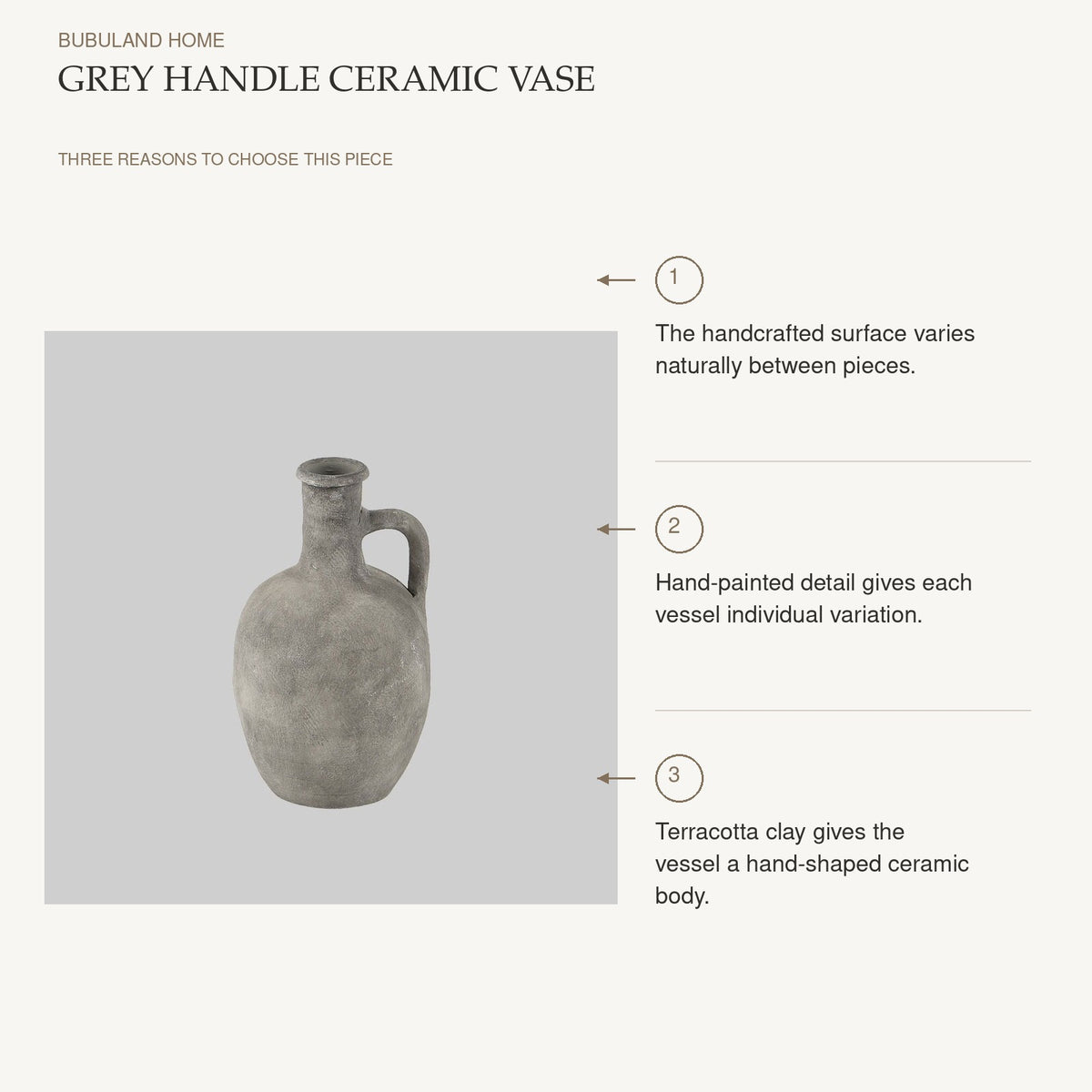 Grey Handle Ceramic Vase: The handcrafted surface varies naturally between pieces. Hand-painted detail gives each vessel individual variation. Terracotta clay gives the vessel a hand-shaped ceramic body.
