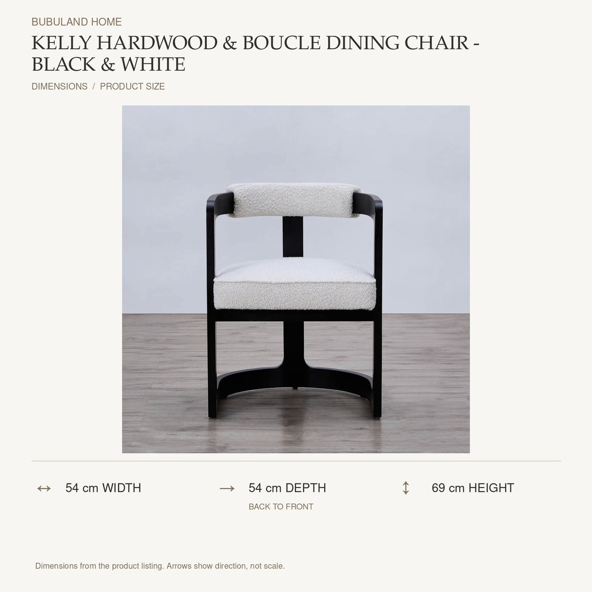 Kelly Hardwood & Boucle Dining Chair - Black & White dimensions: 54 cm width, 54 cm depth, 69 cm height; depth is measured back to front