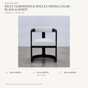 Kelly Hardwood & Boucle Dining Chair - Black & White dimensions: 54 cm width, 54 cm depth, 69 cm height; depth is measured back to front