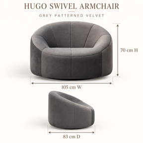 Hugo Swivel Armchair in grey patterned velvet, front and side dimensions: 105 cm wide, 83 cm back-to-front deep and 70 cm high