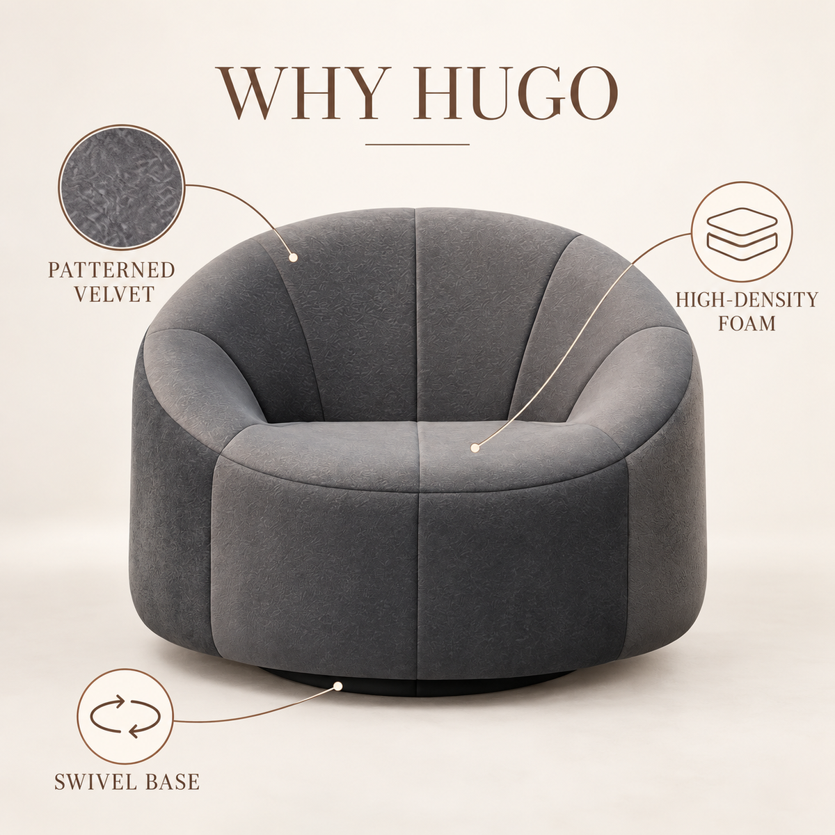 Hugo Swivel Armchair in grey patterned velvet showing the patterned upholstery, high-density foam cushioned seat and swivel base
