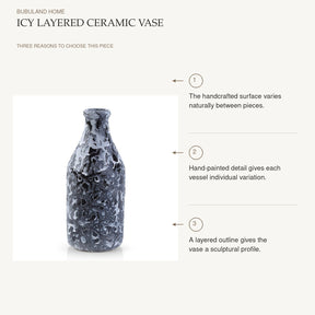 Icy Layered Ceramic Vase: The handcrafted surface varies naturally between pieces. Hand-painted detail gives each vessel individual variation. A layered outline gives the vase a sculptural profile.