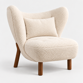 Fleur Lounge Chair in ivory faux sheepskin with cushion, angled view