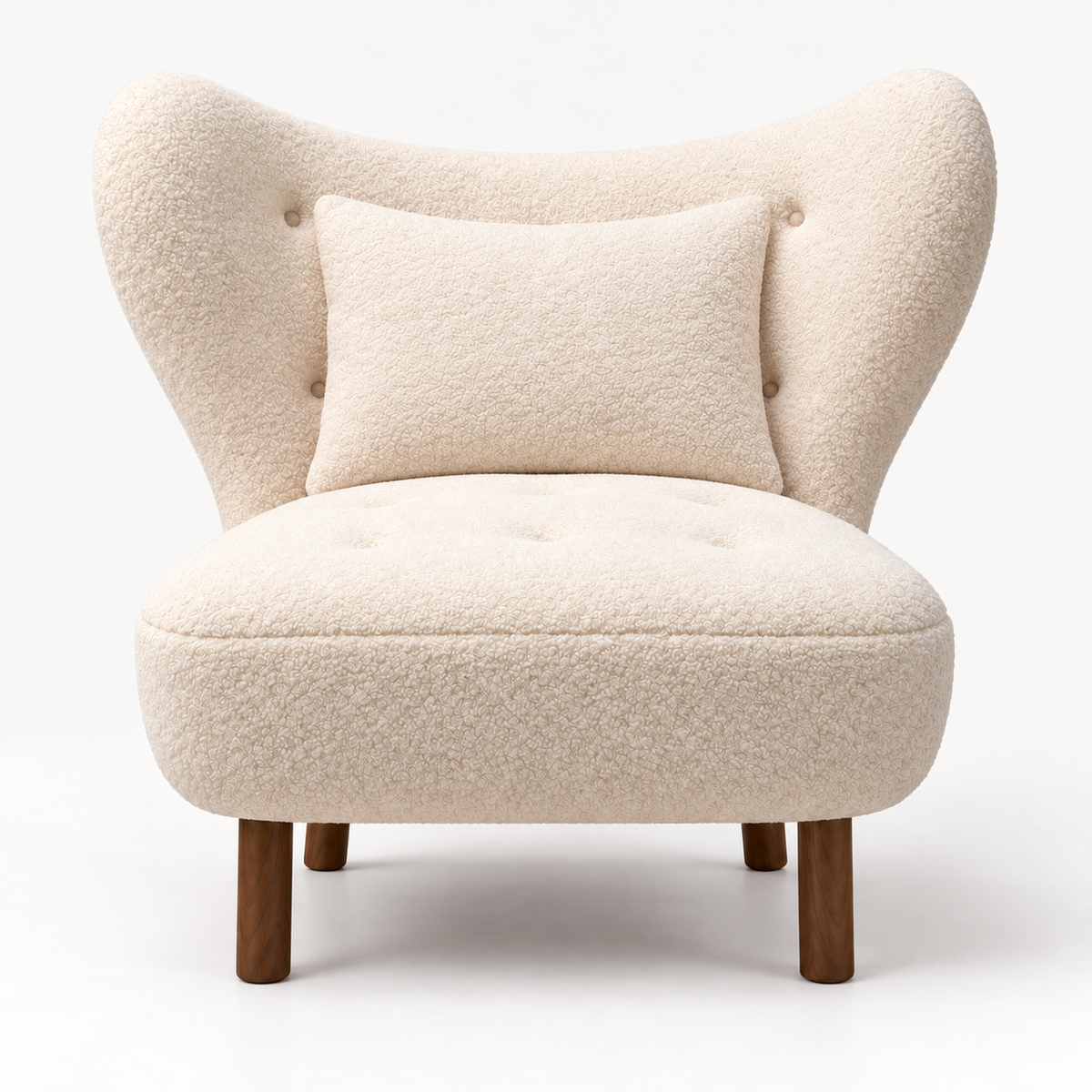 Fleur Lounge Chair in ivory faux sheepskin with matching cushion, front view
