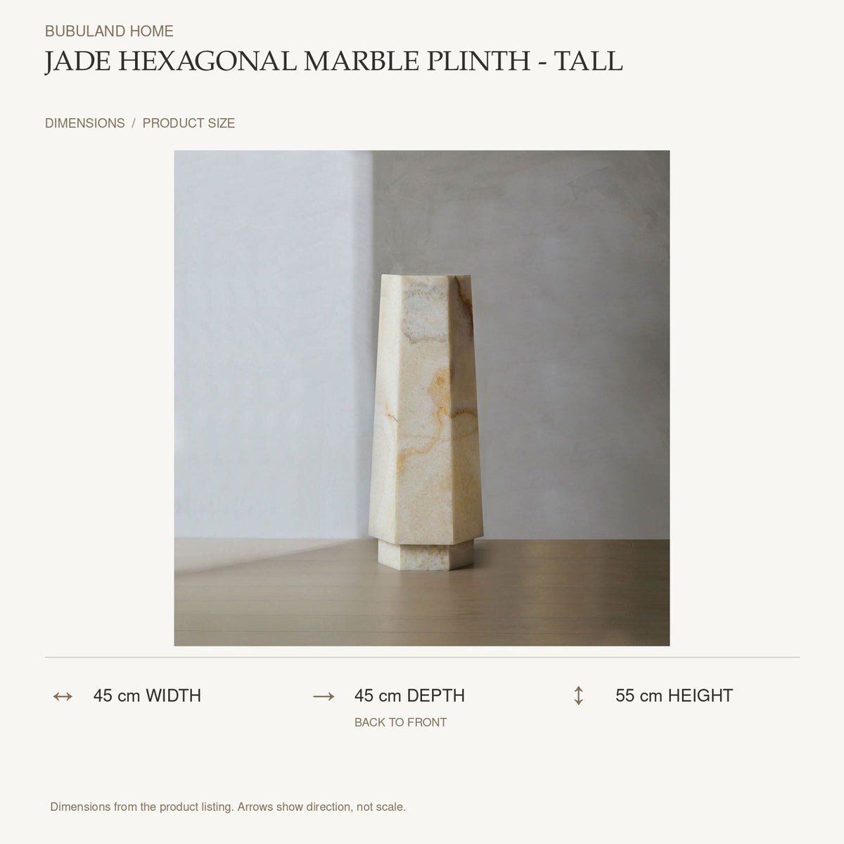 Jade Hexagonal Marble Plinth - Tall dimensions: 45 cm width, 45 cm depth, 55 cm height; depth is measured back to front