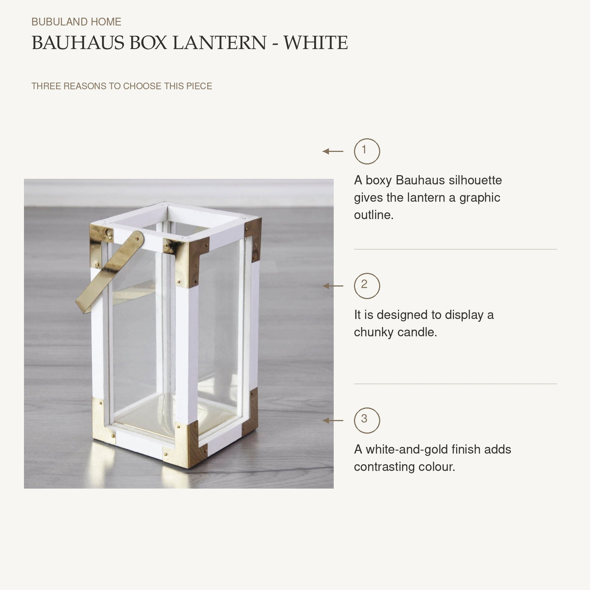 Bauhaus Box Lantern - White: A boxy Bauhaus silhouette gives the lantern a graphic outline. It is designed to display a chunky candle. A white-and-gold finish adds contrasting colour.