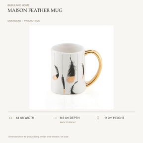 Maison Feather Mug dimensions: 13 cm width, 8.5 cm depth, 11 cm height; depth is measured back to front