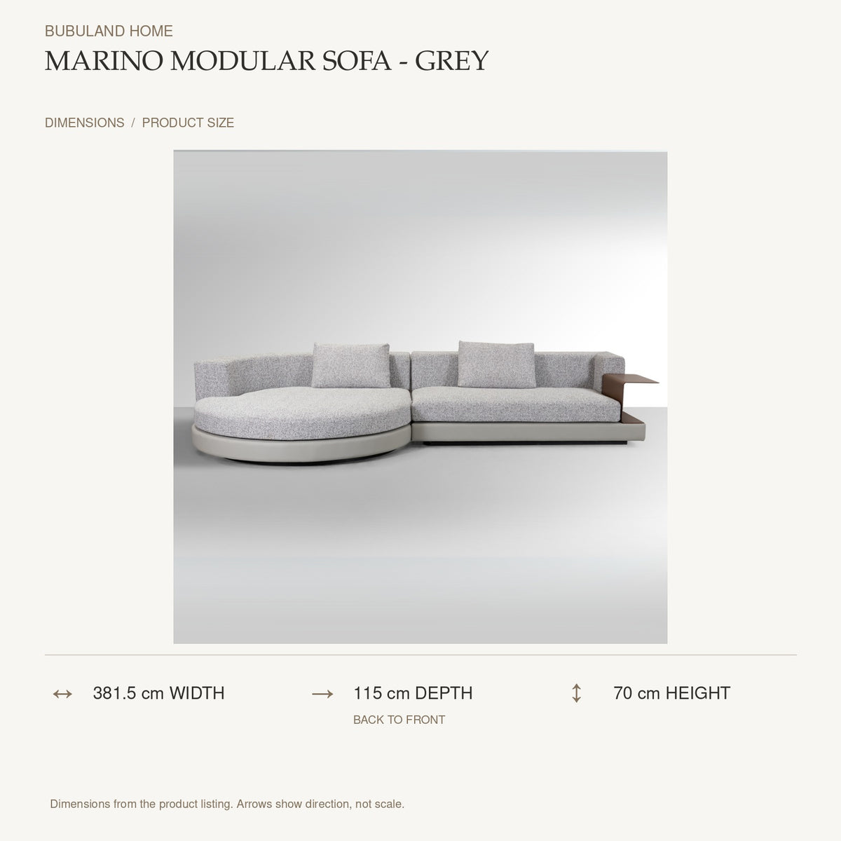 Marino Modular Sofa - Grey dimensions: 381.5 cm width, 115 cm depth, 70 cm height; depth is measured back to front