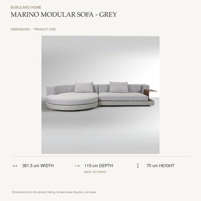 Marino Modular Sofa - Grey dimensions: 381.5 cm width, 115 cm depth, 70 cm height; depth is measured back to front