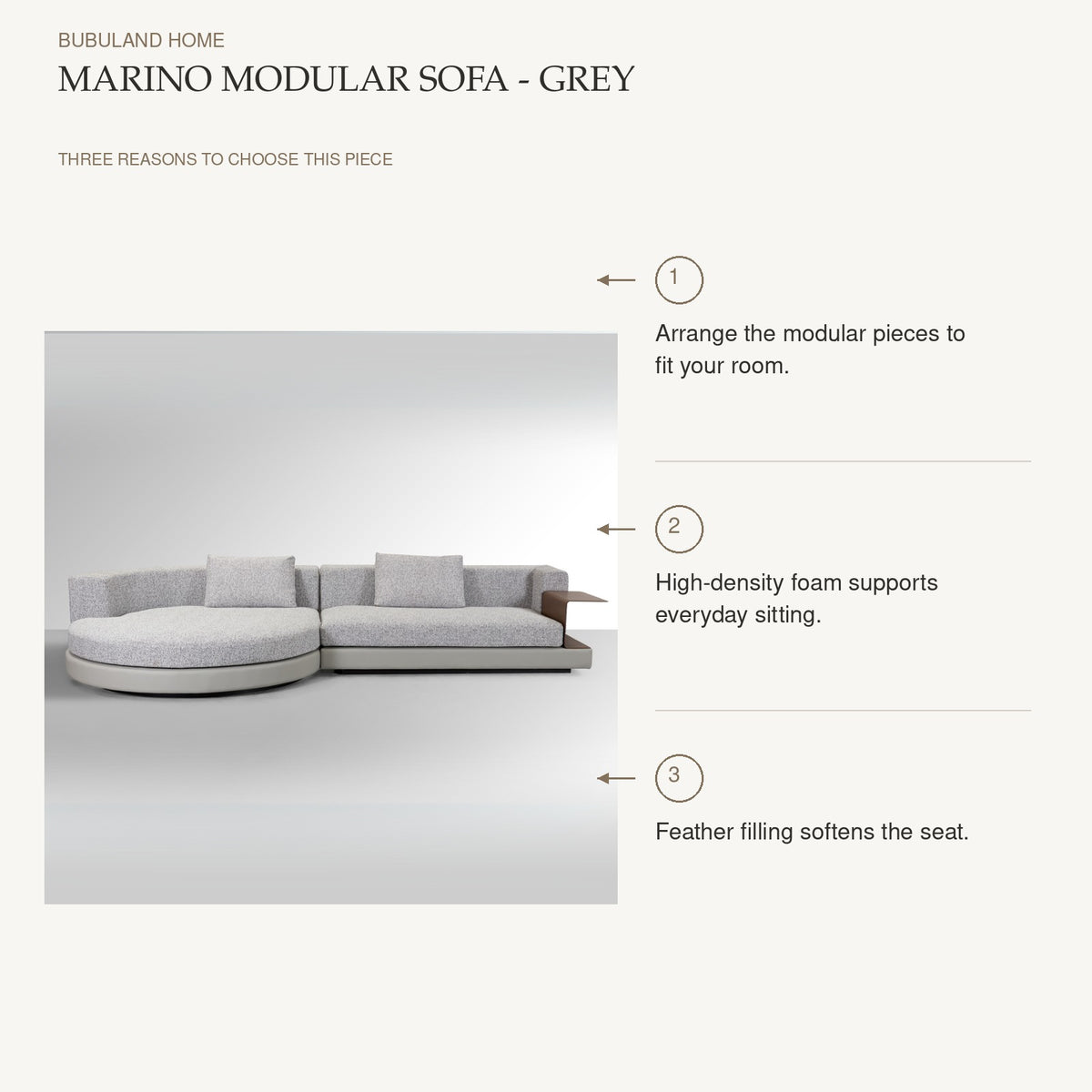 Marino Modular Sofa - Grey: Arrange the modular pieces to fit your room. High-density foam supports everyday sitting. Feather filling softens the seat.