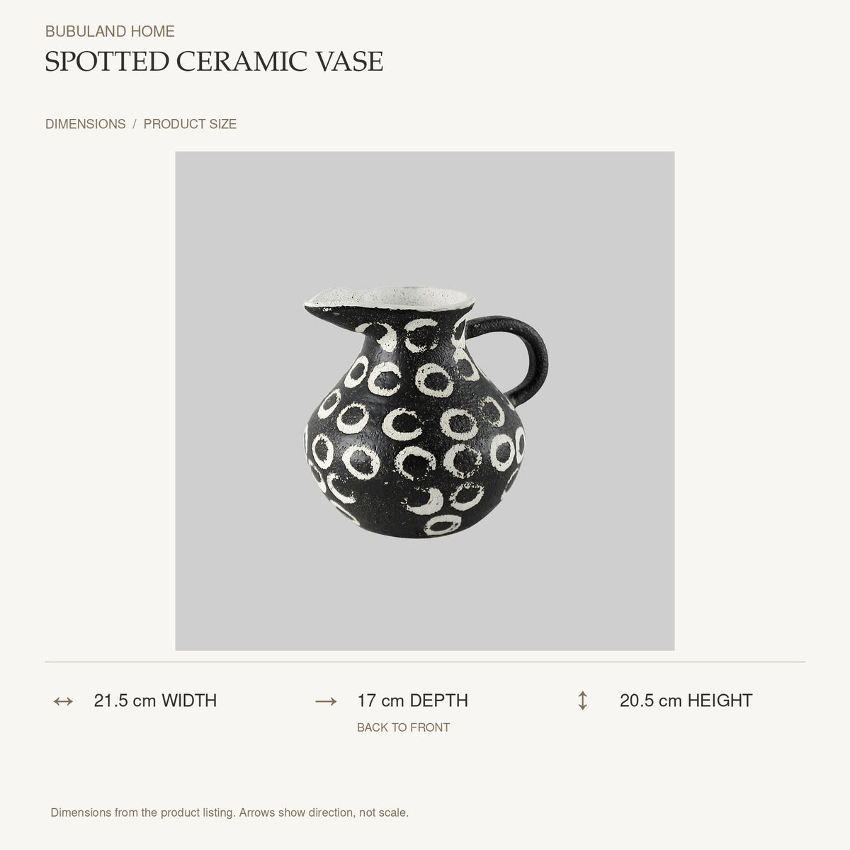 Spotted Ceramic Vase dimensions: 21.5 cm width, 17 cm depth, 20.5 cm height; depth is measured back to front