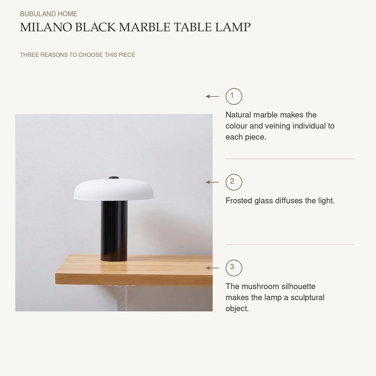 Milano Black Marble Table Lamp: Natural marble makes the colour and veining individual to each piece. Frosted glass diffuses the light. The mushroom silhouette makes the lamp a sculptural object.