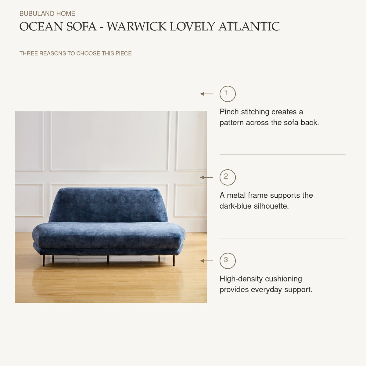 Ocean Sofa - Warwick Lovely Atlantic: Pinch stitching creates a pattern across the sofa back. A metal frame supports the dark-blue silhouette. High-density cushioning provides everyday support.