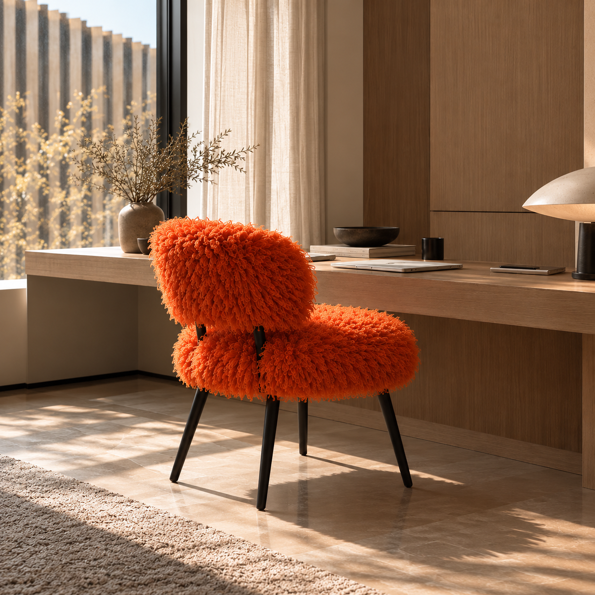 Orange faux sheep fur chair styled at a warm modern desk