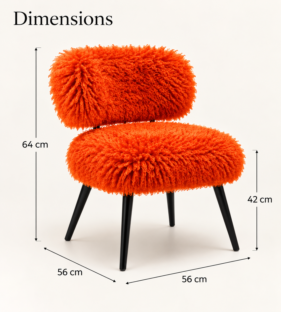 Orange faux sheep fur dining chair dimensions 56 cm wide x 56 cm deep x 64 cm high