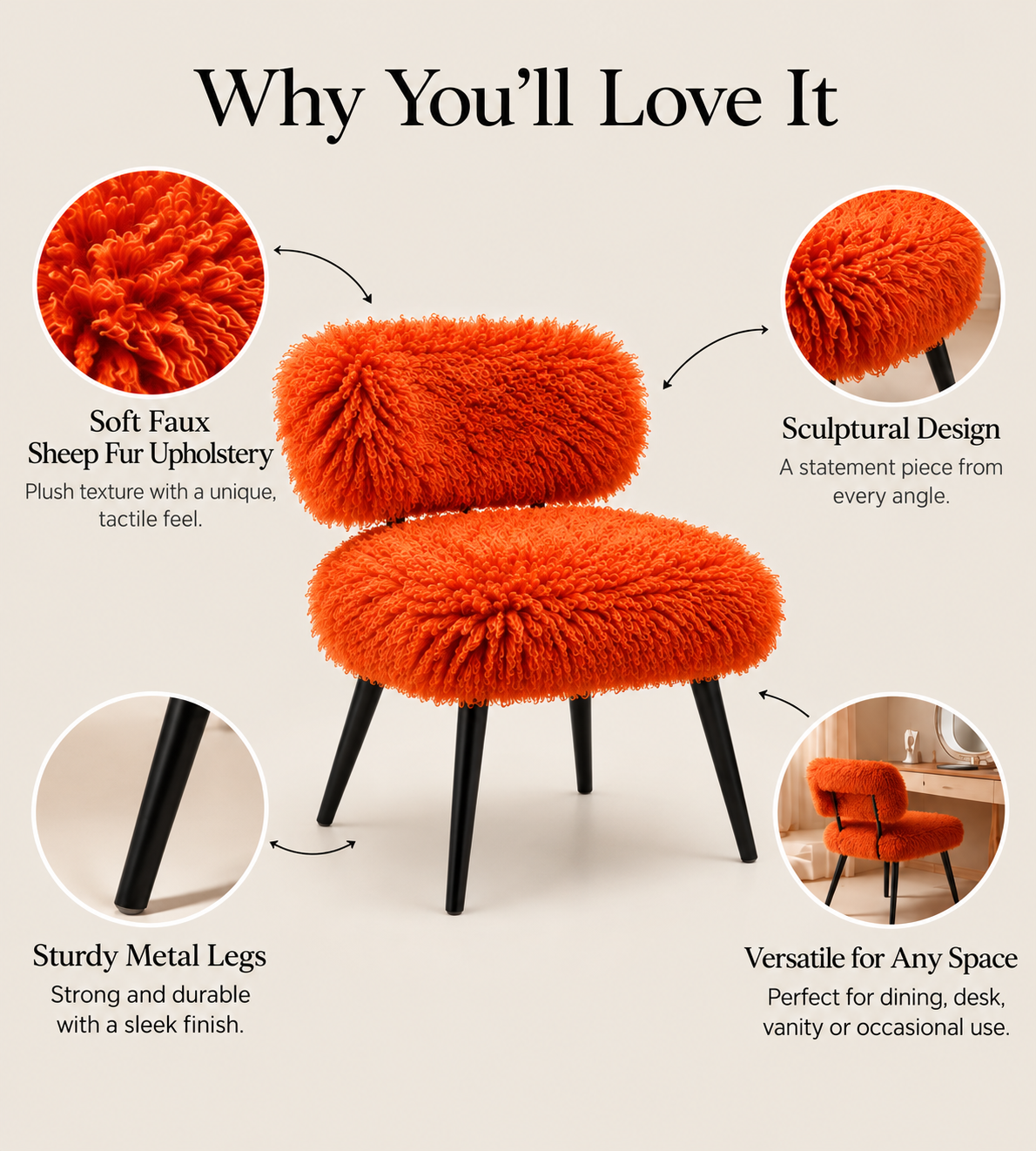 Orange faux sheep fur dining chair features soft textured upholstery, sculptural design, sturdy metal legs and versatile styling