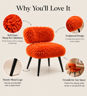 Orange faux sheep fur dining chair features soft textured upholstery, sculptural design, sturdy metal legs and versatile styling