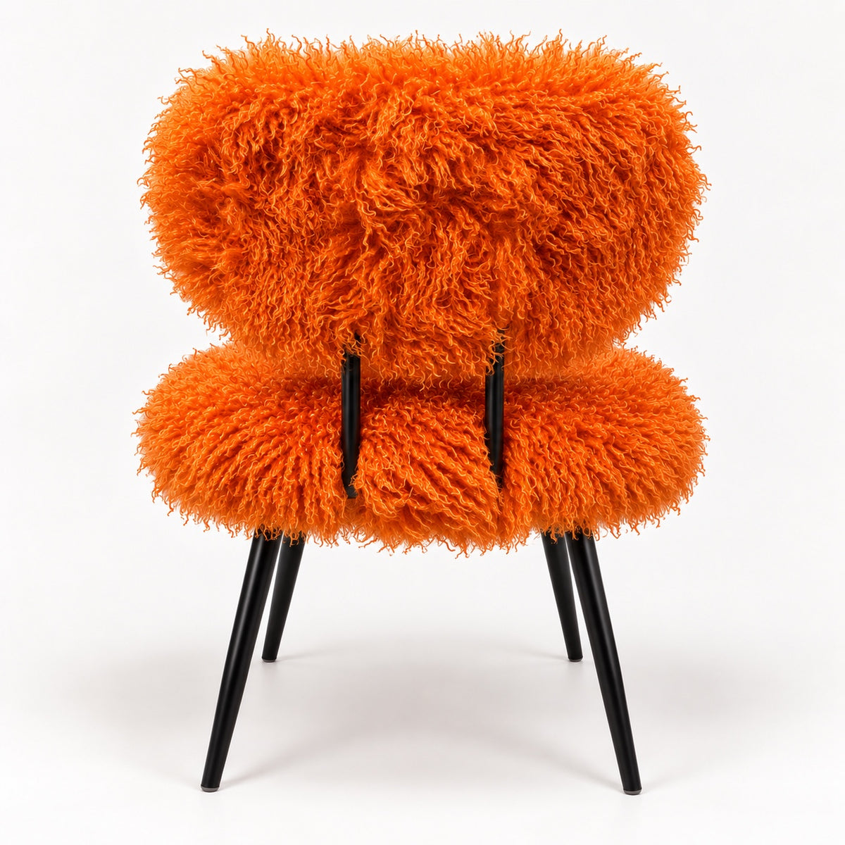 Orange faux sheep fur dining chair back view with black metal legs