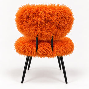 Orange faux sheep fur dining chair back view with black metal legs