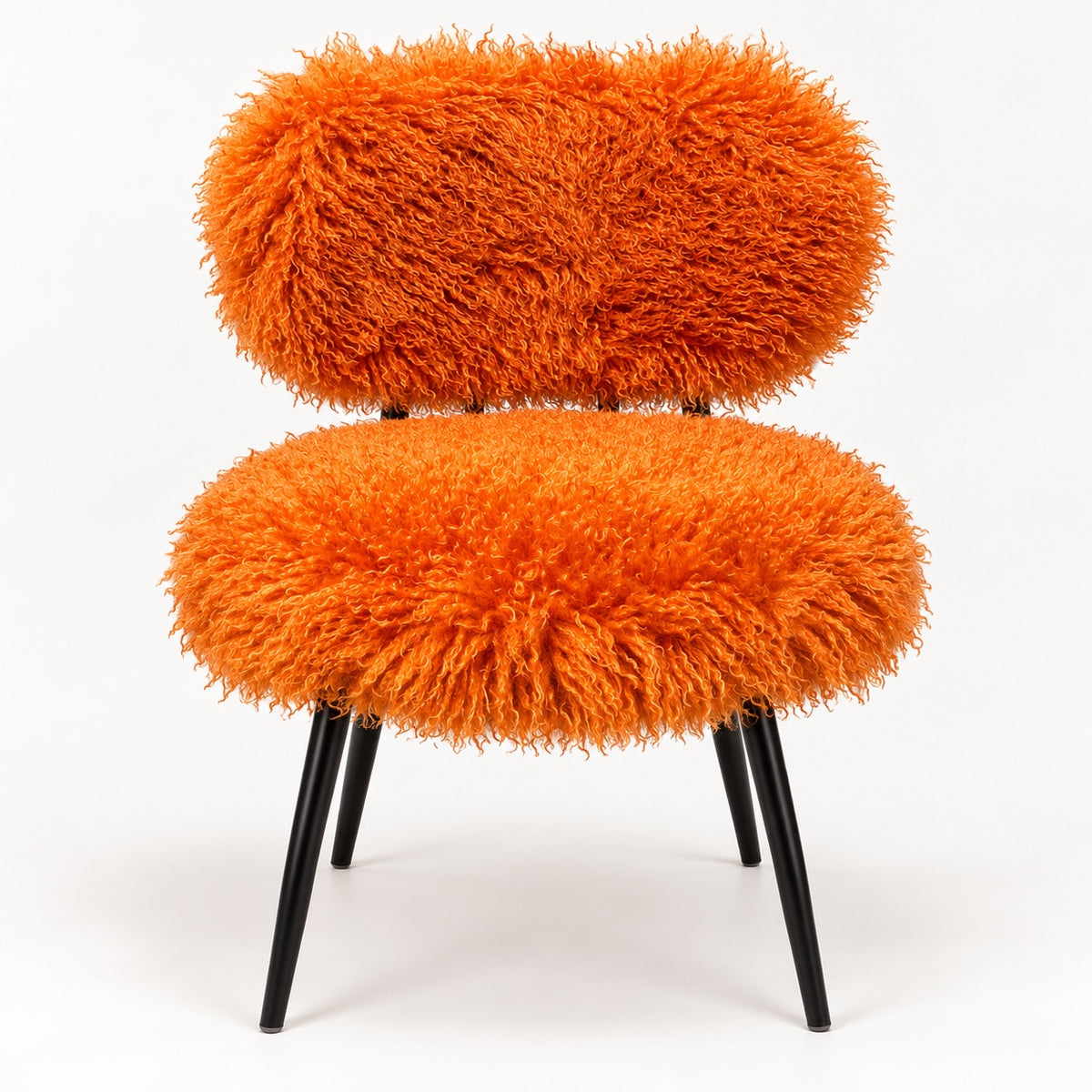 Orange faux sheep fur dining chair front view with black metal legs