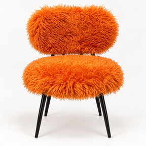 Orange faux sheep fur dining chair front view with black metal legs
