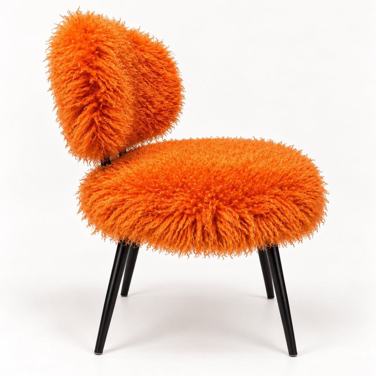 Orange faux sheep fur dining chair side view with black metal legs