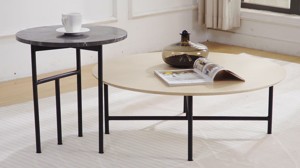 Verona Marble Coffee Table - Charcoal Round and Verona Timber Coffee Table - White Wash Round Video