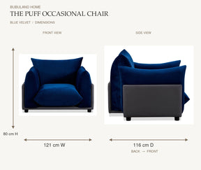 The Puff Velvet Occasional Chair - Blue dimensions: 121 cm width and 80 cm height on front view; 116 cm depth measured back to front on side view