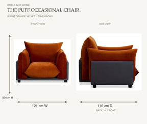 The Puff Velvet Occasional Chair - Burnt Orange dimensions: 121 cm width and 80 cm height on front view; 116 cm depth measured back to front on side view