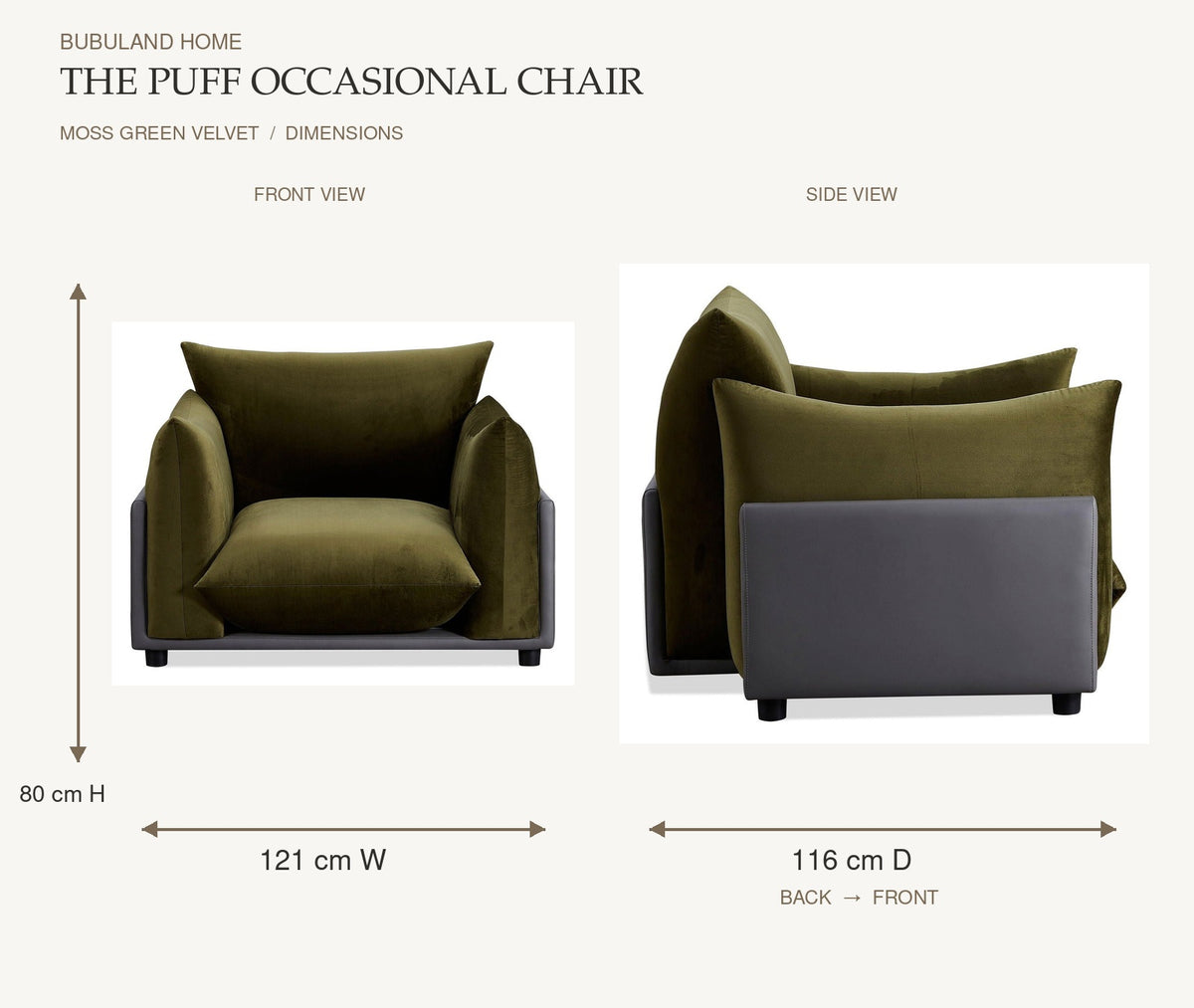 The Puff Velvet Occasional Chair - Moss Green dimensions: 121 cm width and 80 cm height on front view; 116 cm depth measured back to front on side view