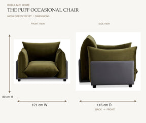 The Puff Velvet Occasional Chair - Moss Green dimensions: 121 cm width and 80 cm height on front view; 116 cm depth measured back to front on side view