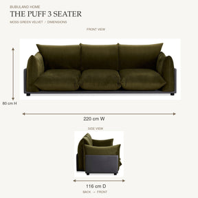 The Puff 3 Seater Velvet Sofa - Moss Green dimensions: 220 cm width and 80 cm height on front view; 116 cm depth measured back to front on side view