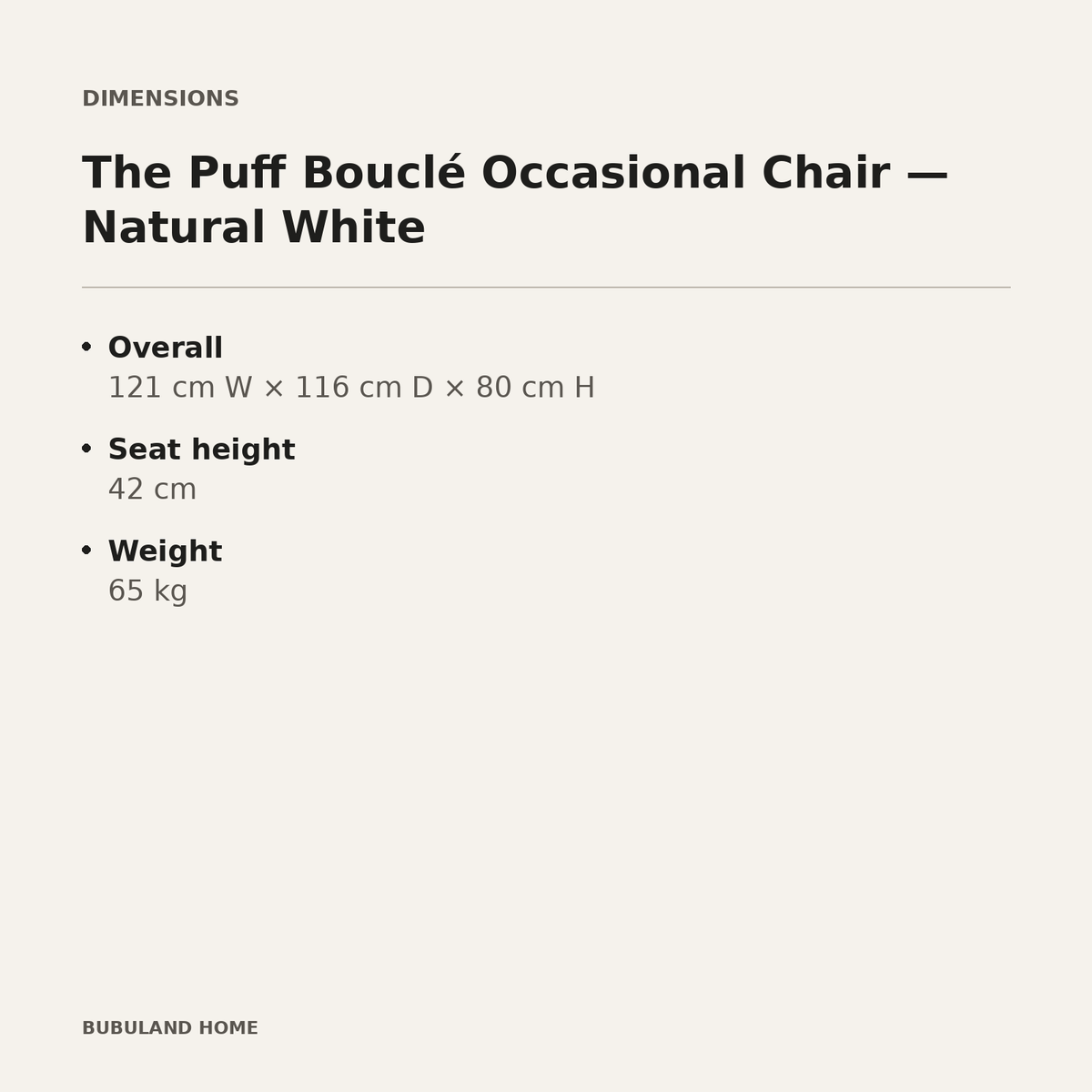 The Puff Boucle Occasional Chair - Natural White dimensions: 121 cm wide x 116 cm deep x 80 cm high; seat height 42 cm