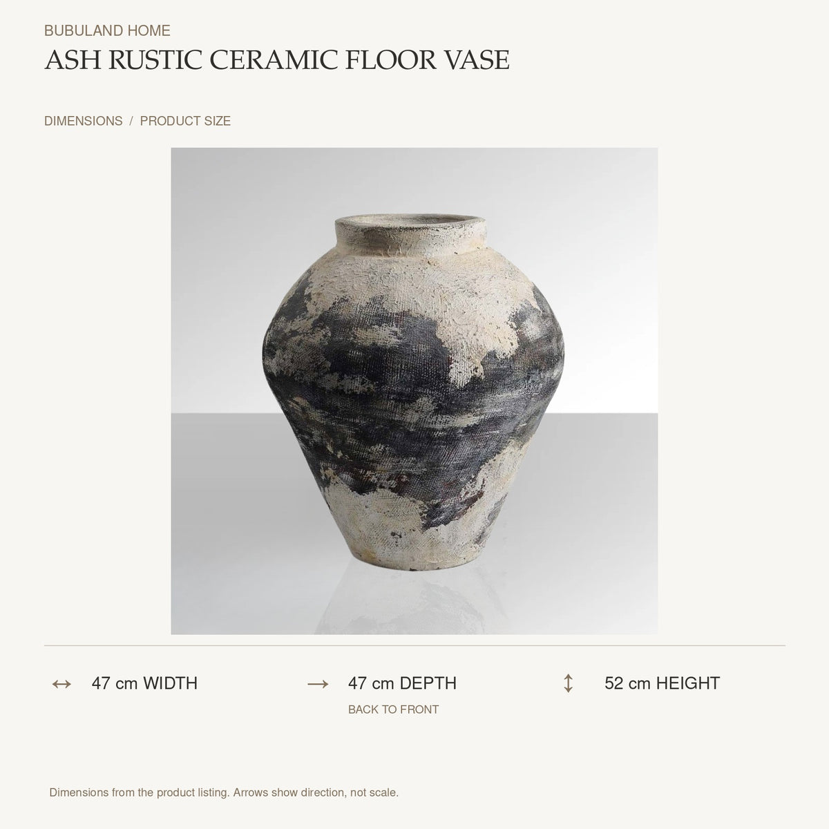 Ash Rustic Ceramic Floor Vase dimensions: 47 cm width, 47 cm depth, 52 cm height; depth is measured back to front