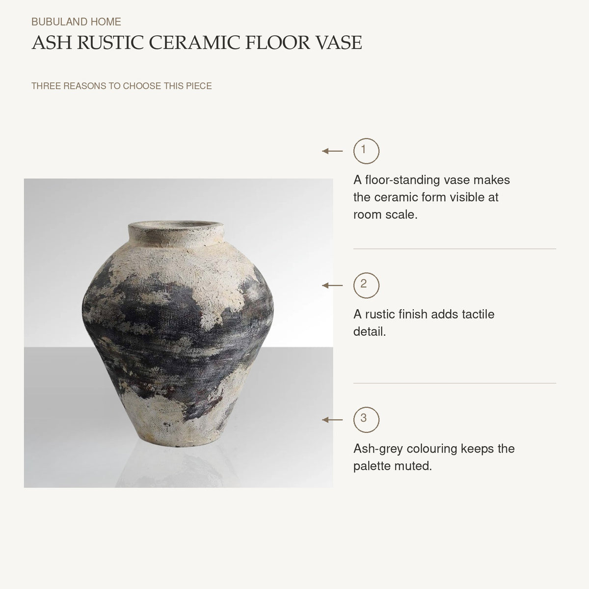 Ash Rustic Ceramic Floor Vase: A floor-standing vase makes the ceramic form visible at room scale. A rustic finish adds tactile detail. Ash-grey colouring keeps the palette muted.