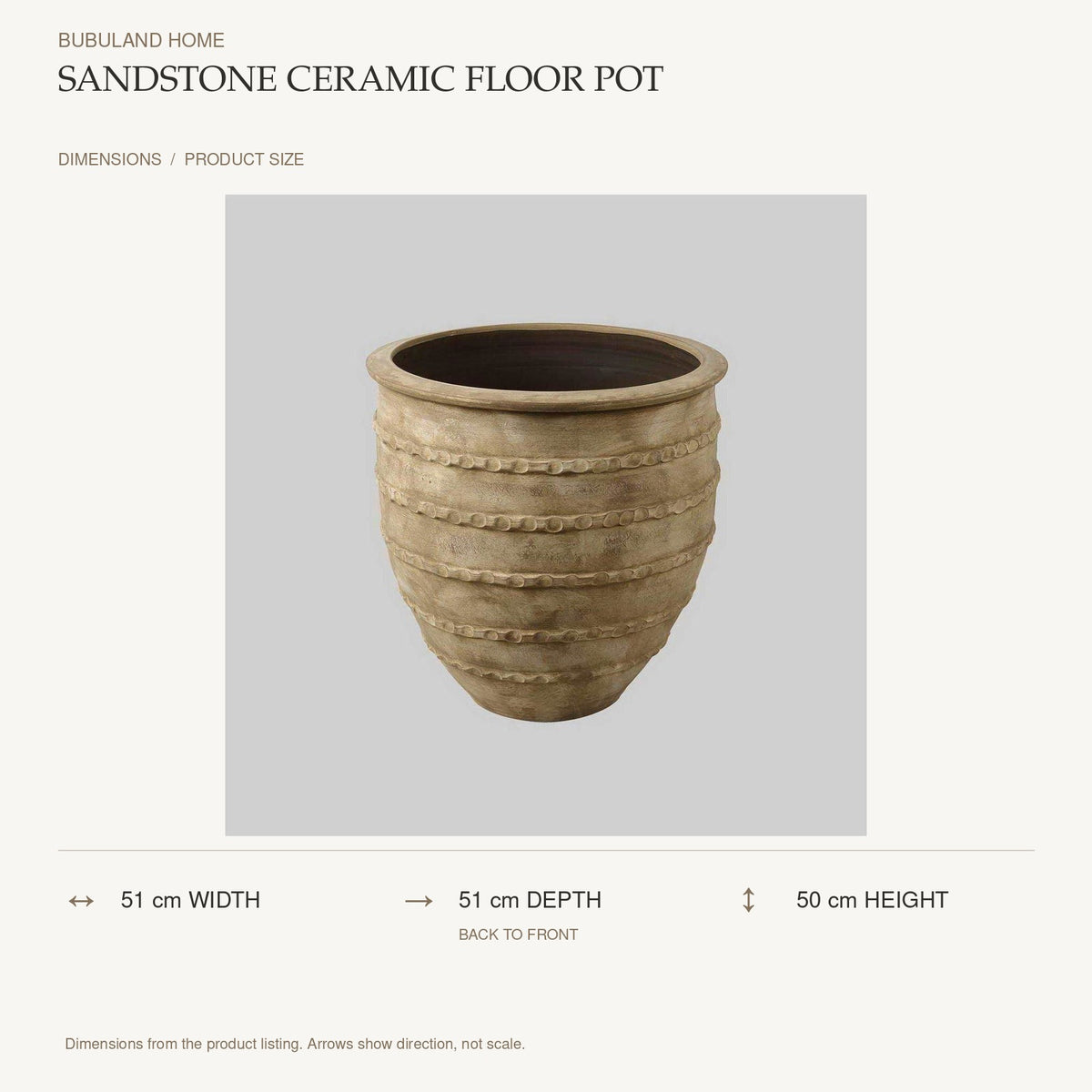 Sandstone Ceramic Floor Pot dimensions: 51 cm width, 51 cm depth, 50 cm height; depth is measured back to front