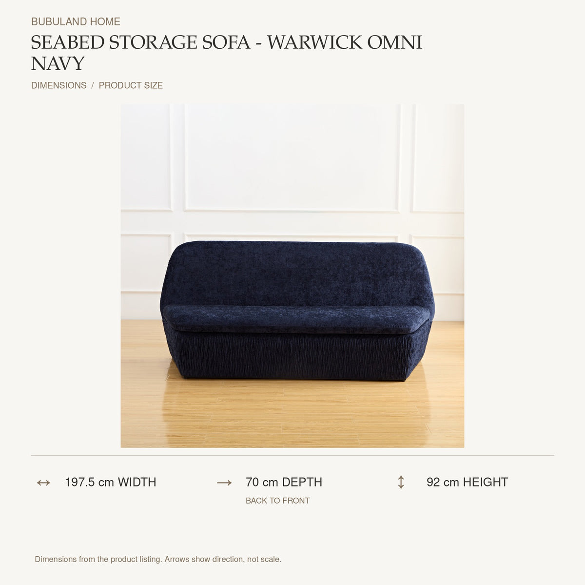 Seabed Storage Sofa - Warwick Omni Navy dimensions: 197.5 cm width, 70 cm depth, 92 cm height; depth is measured back to front