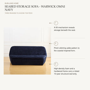 Seabed Storage Sofa - Warwick Omni Navy: A lift mechanism reveals storage beneath the seat. Pinch stitching adds pattern to the coastal-inspired form. High-density foam and a hardwood frame carry a listed 10-year structural warranty.