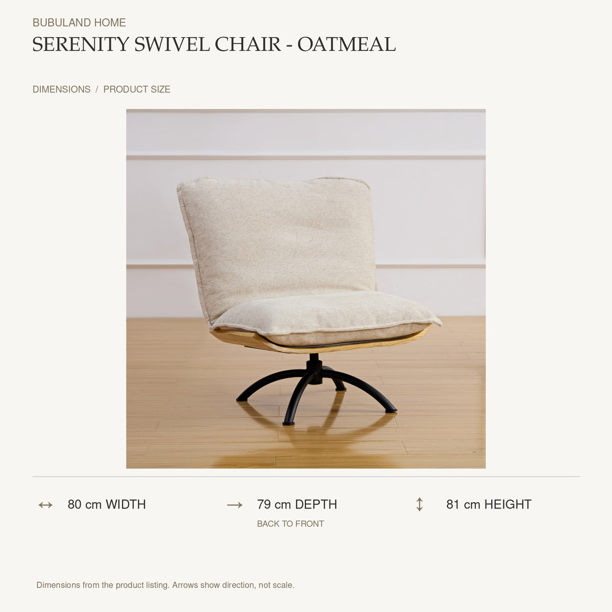 Serenity Swivel Chair - Oatmeal dimensions: 80 cm width, 79 cm depth, 81 cm height; depth is measured back to front