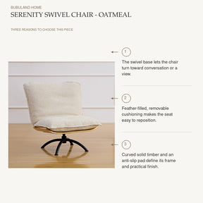 Serenity Swivel Chair - Oatmeal: The swivel base lets the chair turn toward conversation or a view. Feather-filled, removable cushioning makes the seat easy to reposition. Curved solid timber and an anti-slip pad define its frame and practical finish.