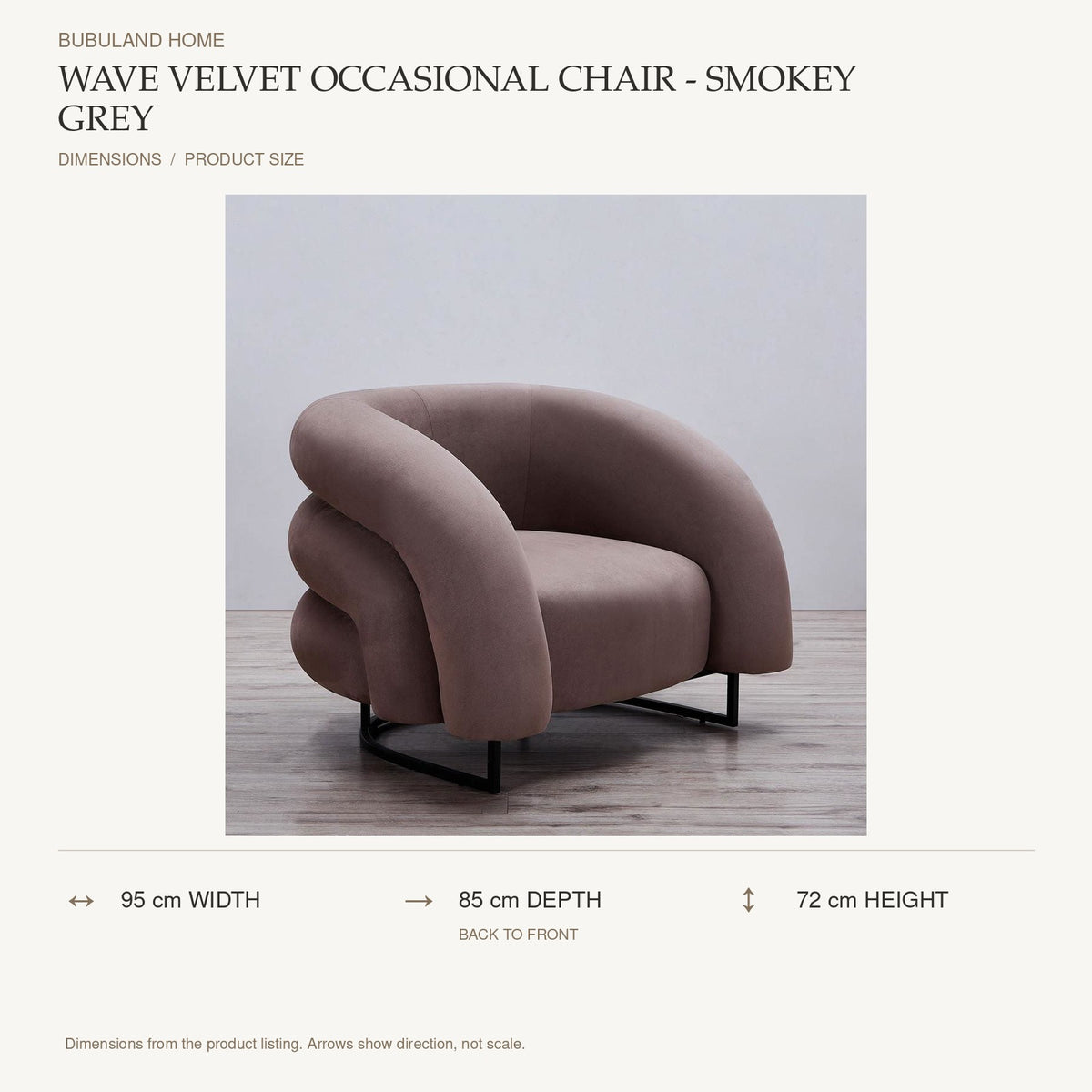 Wave Velvet Occasional Chair - Smokey Grey dimensions: 95 cm width, 85 cm depth, 72 cm height; depth is measured back to front