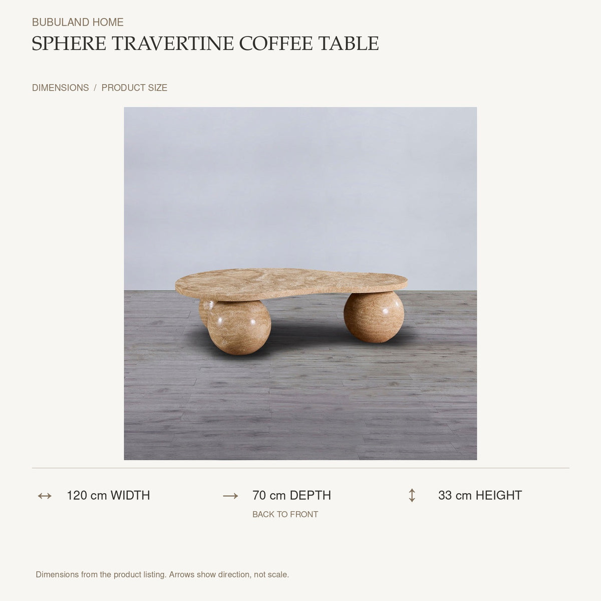 Sphere Travertine Coffee Table dimensions: 120 cm width, 70 cm depth, 33 cm height; depth is measured back to front