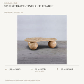 Sphere Travertine Coffee Table dimensions: 120 cm width, 70 cm depth, 33 cm height; depth is measured back to front